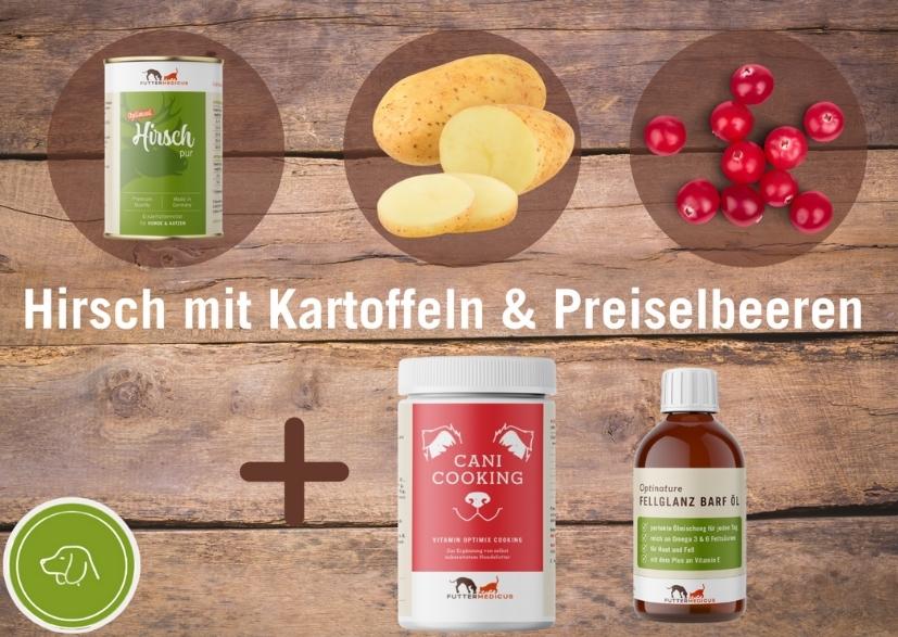 Reinfleischdose Hirsch, Kartoffeln, Preiselbeeren, Vitamin Optimix Cani Cooking, Fellglanz Barf Öl